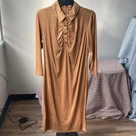 Sami & Jo dress collared camel colored casual boho office neutral business L - Picture 13 of 17